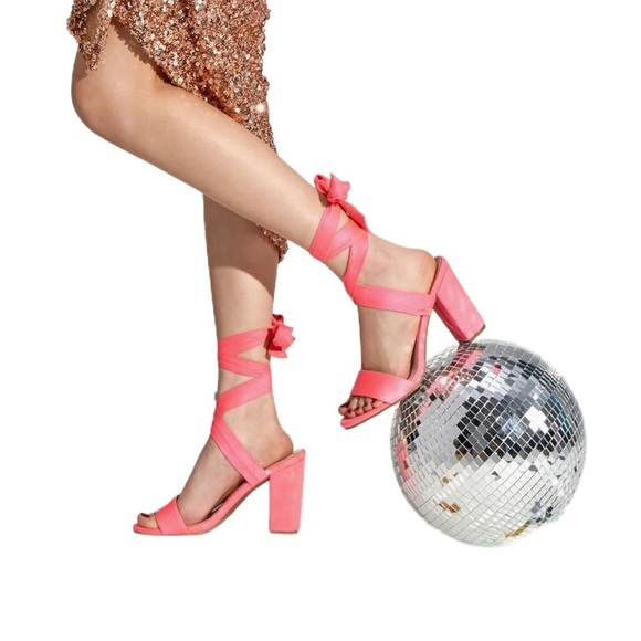 NEW TRARY PINK CHUNKY HEELS STRAPPY OPEN TOE COMFORTABLE TIE UP HEELS SIZE 7 - Picture 9 of 11